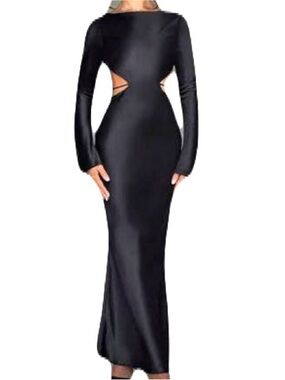 NEW Baby Boo Small Black Long-Sleeve Satin Maxi Dress Gown Cutouts HOCO Prom